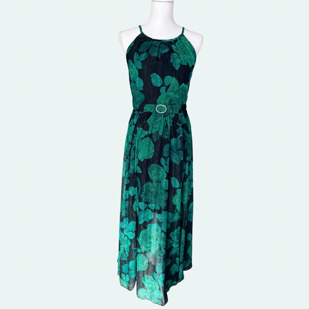 En Focus Studio Floral Halter Maxi Dress Rhinestone Buckle Black Green Size 6